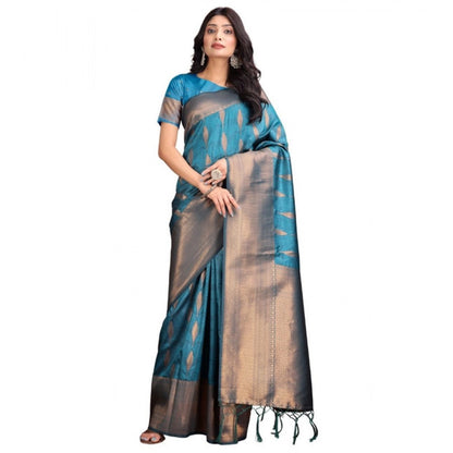 Generic Women's Banarasi Silk Printed Saree With Unstitched Blouse 5.5Mtr (Blue)