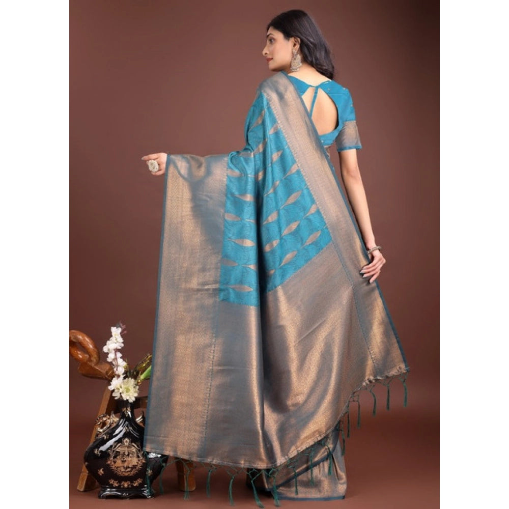 Generic Women's Banarasi Silk Printed Saree With Unstitched Blouse 5.5Mtr (Blue)