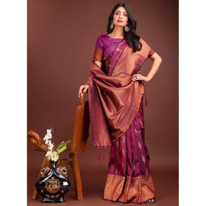Generic Women's Banarasi Silk Printed Saree With Unstitched Blouse 5.5Mtr (Purple)