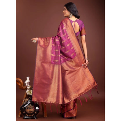 Generic Women's Banarasi Silk Printed Saree With Unstitched Blouse 5.5Mtr (Purple)