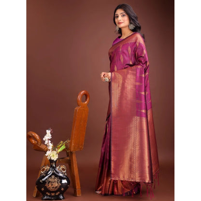 Generic Women's Banarasi Silk Printed Saree With Unstitched Blouse 5.5Mtr (Purple)