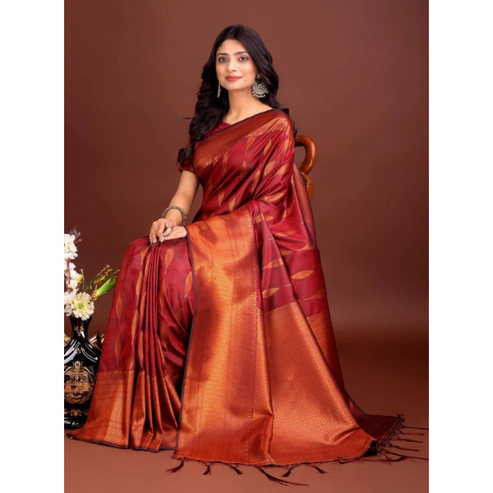 Generic Women's Banarasi Silk Printed Saree With Unstitched Blouse 5.5Mtr (Maroon)