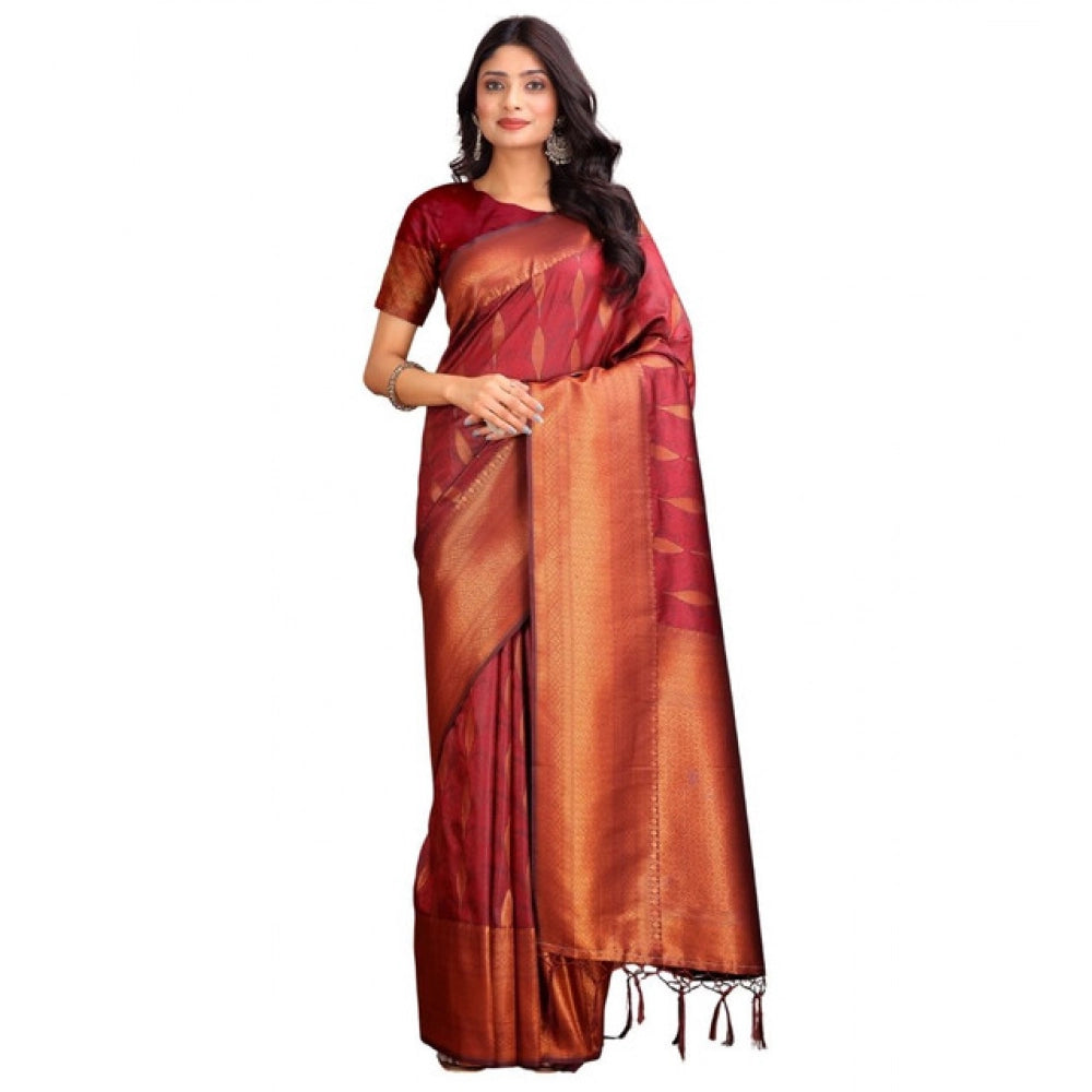 Generic Women's Banarasi Silk Printed Saree With Unstitched Blouse 5.5Mtr (Maroon)