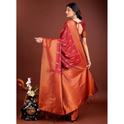 Generic Women's Banarasi Silk Printed Saree With Unstitched Blouse 5.5Mtr (Maroon)