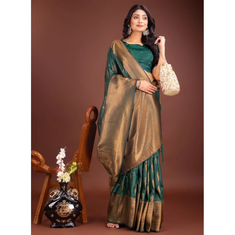 Generic Women's Banarasi Silk Printed Saree With Unstitched Blouse 5.5Mtr (Green)