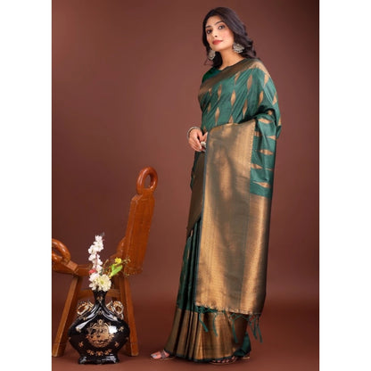 Generic Women's Banarasi Silk Printed Saree With Unstitched Blouse 5.5Mtr (Green)