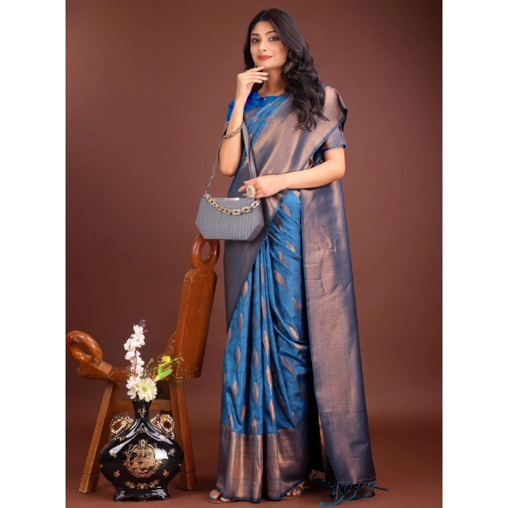 Generic Women's Banarasi Silk Printed Saree With Unstitched Blouse 5.5Mtr (Royal Blue)