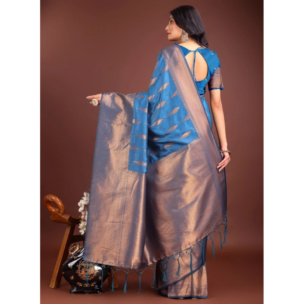 Generic Women's Banarasi Silk Printed Saree With Unstitched Blouse 5.5Mtr (Royal Blue)