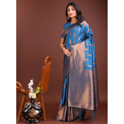 Generic Women's Banarasi Silk Printed Saree With Unstitched Blouse 5.5Mtr (Royal Blue)