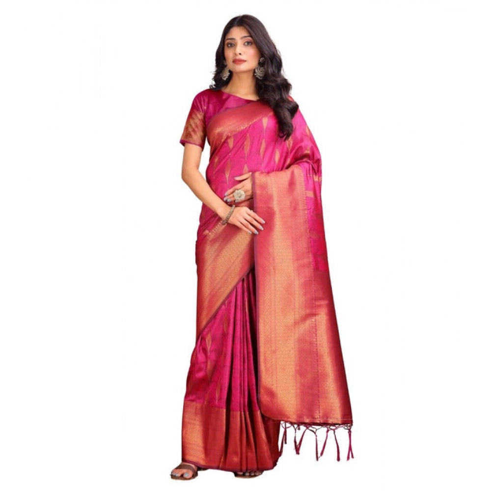 Generic Women's Banarasi Silk Printed Saree With Unstitched Blouse 5.5Mtr (Magenta)