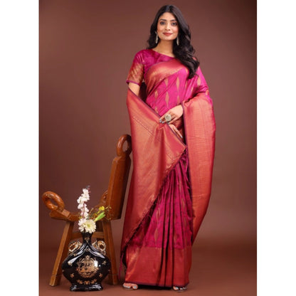 Generic Women's Banarasi Silk Printed Saree With Unstitched Blouse 5.5Mtr (Magenta)