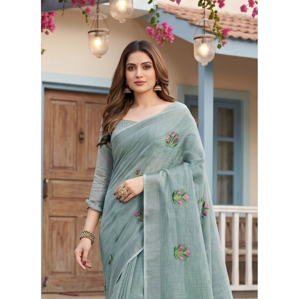Generic Women's Linen Embroidered Saree With Unstitched Blouse 5.5Mtr (Sea Green)