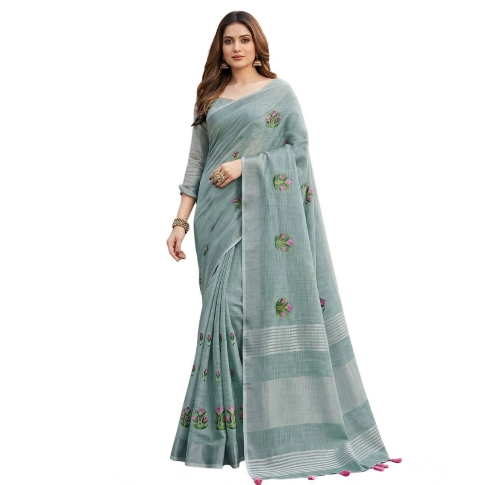 Generic Women's Linen Embroidered Saree With Unstitched Blouse 5.5Mtr (Sea Green)