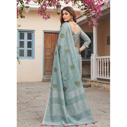Generic Women's Linen Embroidered Saree With Unstitched Blouse 5.5Mtr (Sea Green)