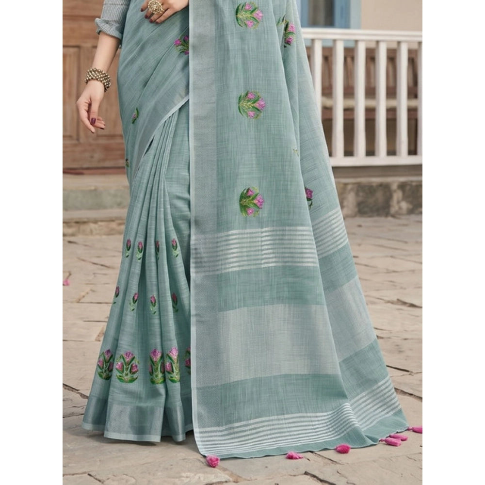 Generic Women's Linen Embroidered Saree With Unstitched Blouse 5.5Mtr (Sea Green)