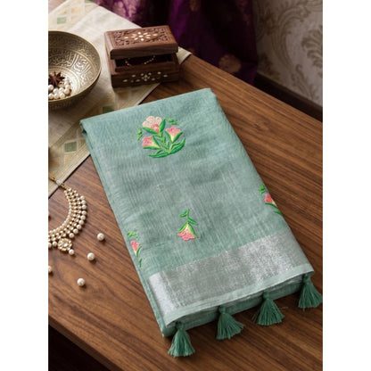 Generic Women's Linen Embroidered Saree With Unstitched Blouse 5.5Mtr (Sea Green)