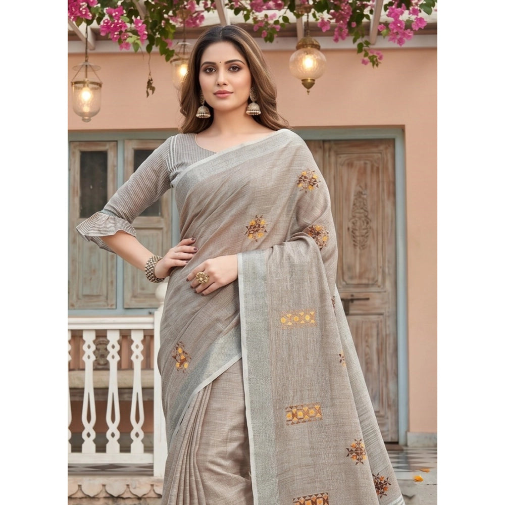 Generic Women's Linen Embroidered Saree With Unstitched Blouse 5.5Mtr (Light Beige)