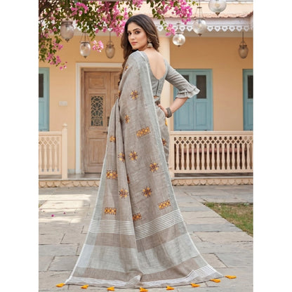 Generic Women's Linen Embroidered Saree With Unstitched Blouse 5.5Mtr (Light Beige)