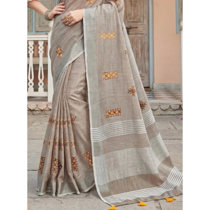 Generic Women's Linen Embroidered Saree With Unstitched Blouse 5.5Mtr (Light Beige)