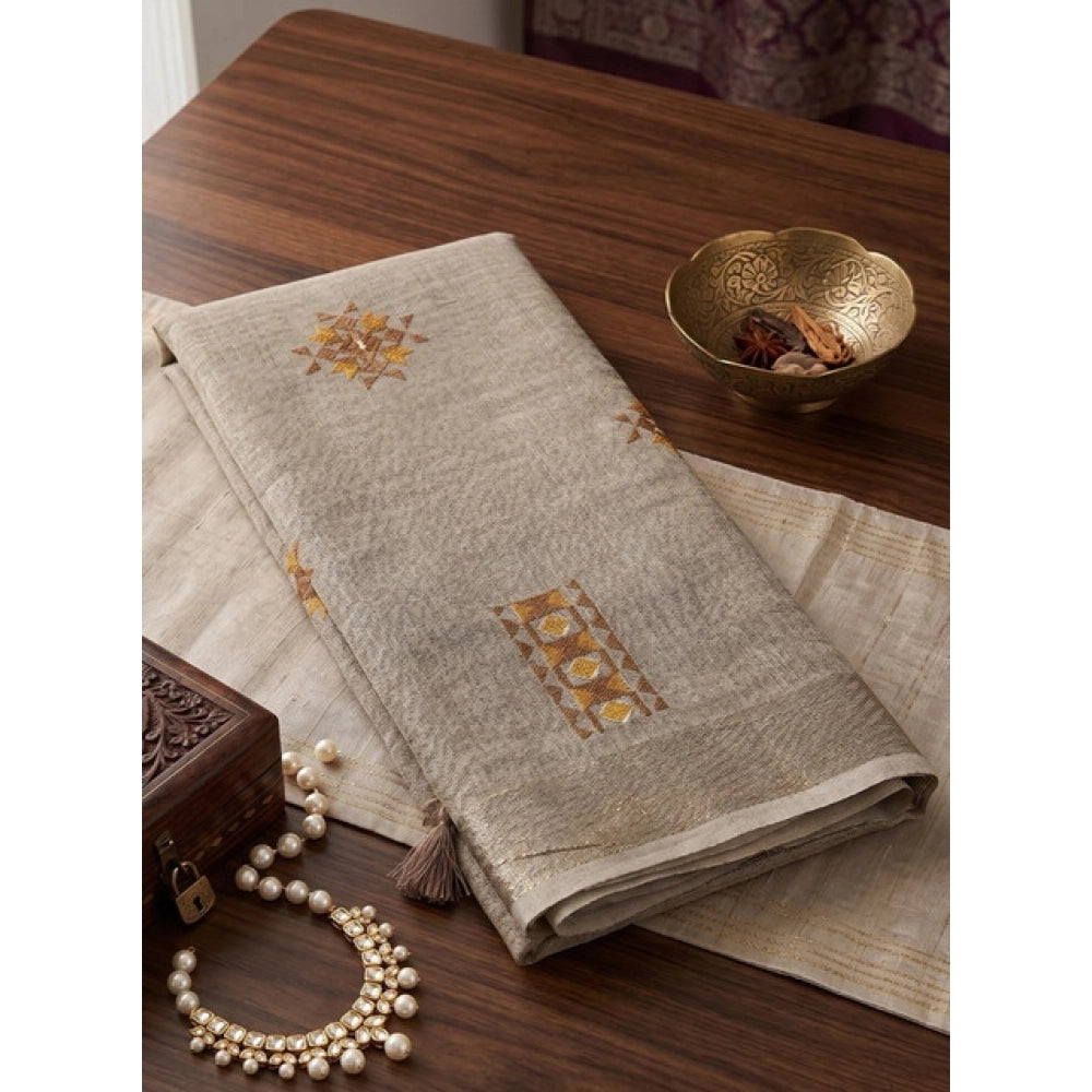 Generic Women's Linen Embroidered Saree With Unstitched Blouse 5.5Mtr (Light Beige)