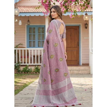Generic Women's Linen Embroidered Saree With Unstitched Blouse 5.5Mtr (Light Purple)