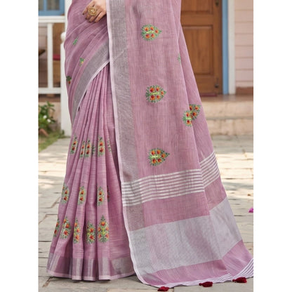 Generic Women's Linen Embroidered Saree With Unstitched Blouse 5.5Mtr (Light Purple)