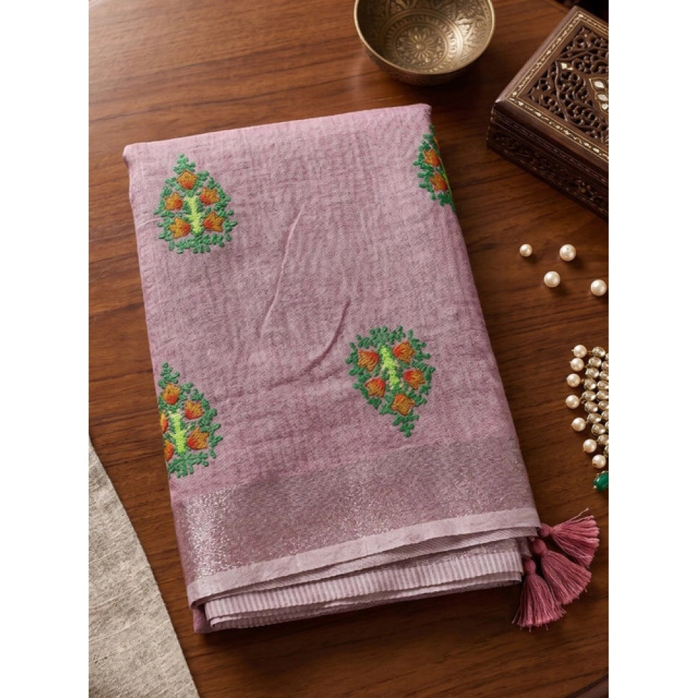 Generic Women's Linen Embroidered Saree With Unstitched Blouse 5.5Mtr (Light Purple)