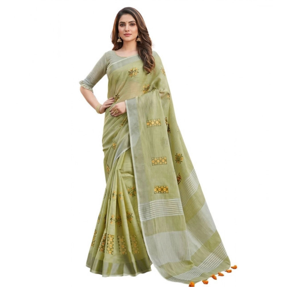 Generic Women's Linen Embroidered Saree With Unstitched Blouse 5.5Mtr (Light Green)