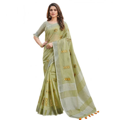 Generic Women's Linen Embroidered Saree With Unstitched Blouse 5.5Mtr (Light Green)
