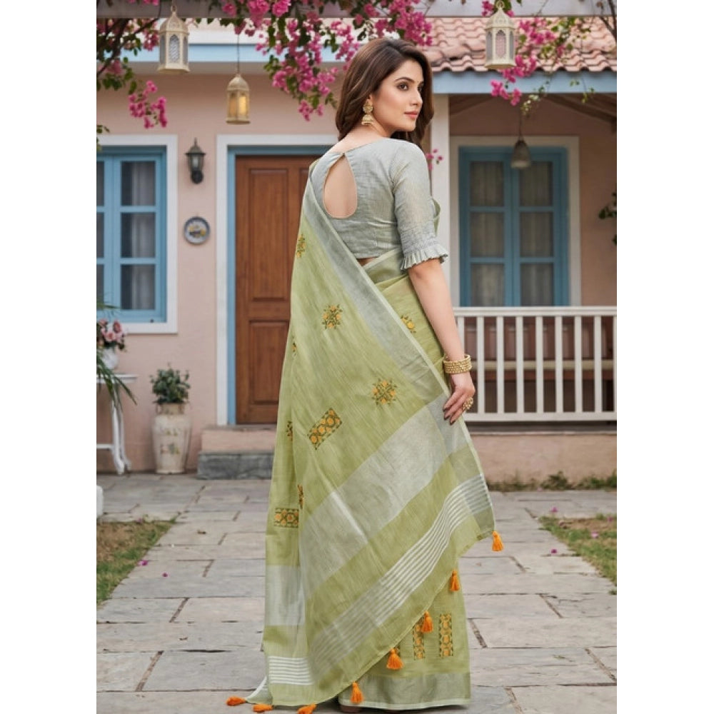 Generic Women's Linen Embroidered Saree With Unstitched Blouse 5.5Mtr (Light Green)