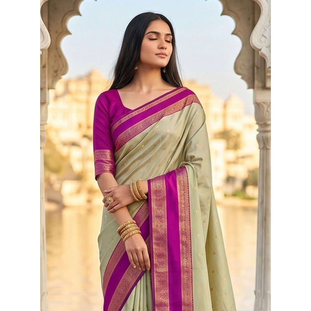 Generic Women's Silk Blend Printed Saree With Unstitched Blouse 5.5Mtr (Light Green-Pink)