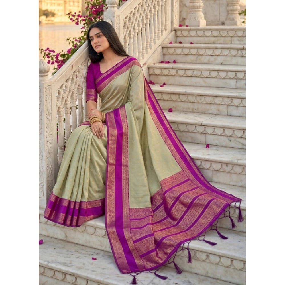 Generic Women's Silk Blend Printed Saree With Unstitched Blouse 5.5Mtr (Light Green-Pink)