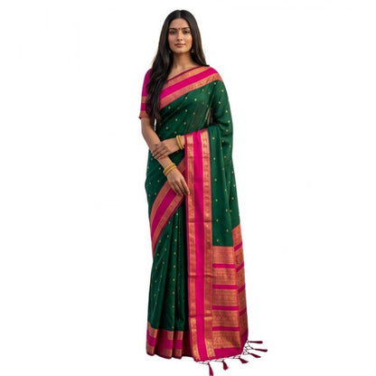 Generic Women's Silk Blend Printed Saree With Unstitched Blouse 5.5Mtr (Dark Green-Pink)