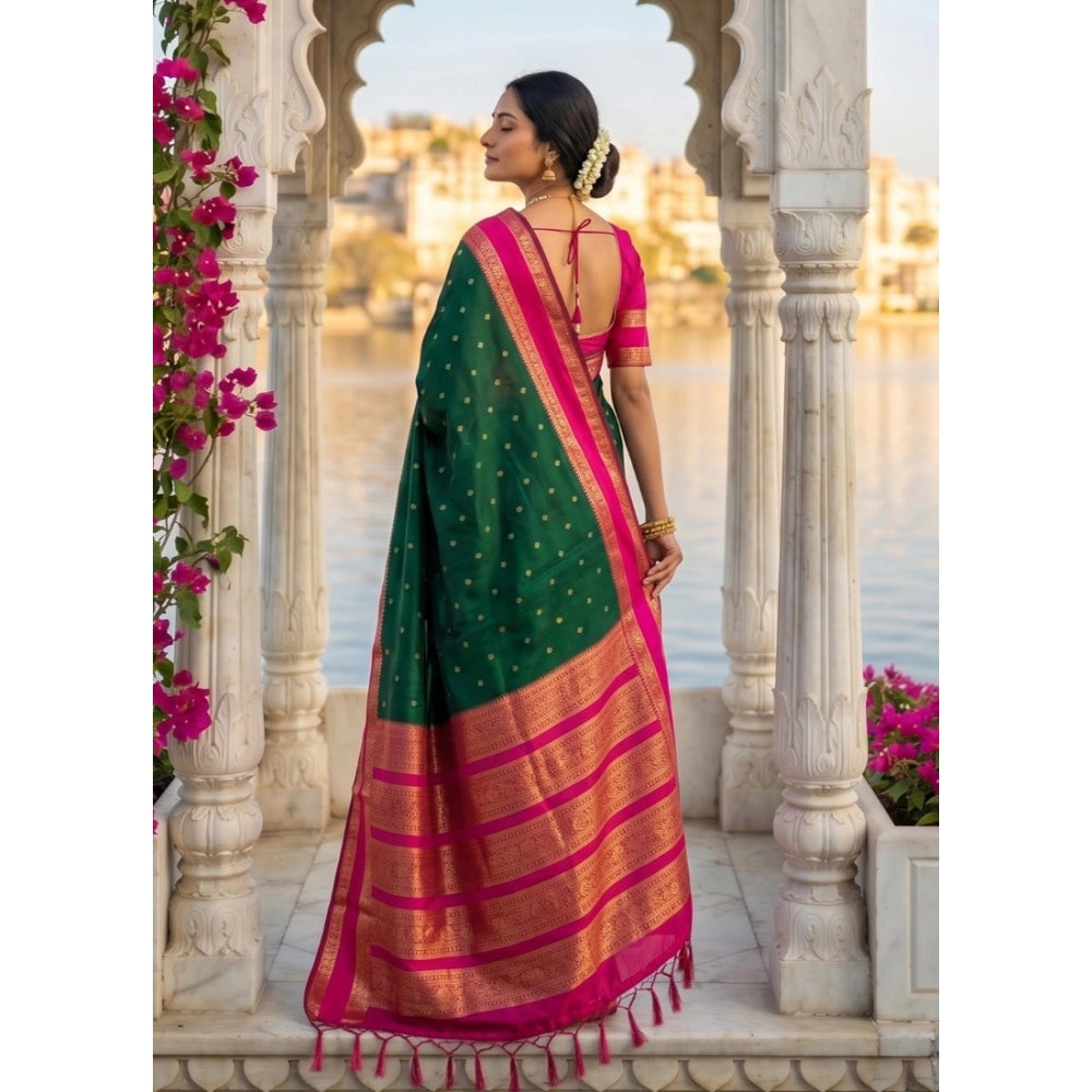Generic Women's Silk Blend Printed Saree With Unstitched Blouse 5.5Mtr (Dark Green-Pink)