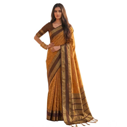 Generic Women's Silk Blend Printed Saree With Unstitched Blouse 5.5Mtr (Mustard-Brown)