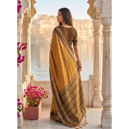 Generic Women's Silk Blend Printed Saree With Unstitched Blouse 5.5Mtr (Mustard-Brown)