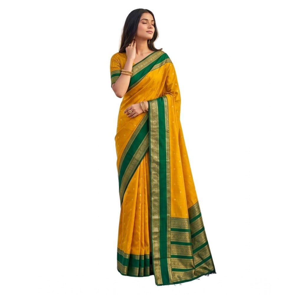 Generic Women's Silk Blend Printed Saree With Unstitched Blouse 5.5Mtr (Yellow-Green)