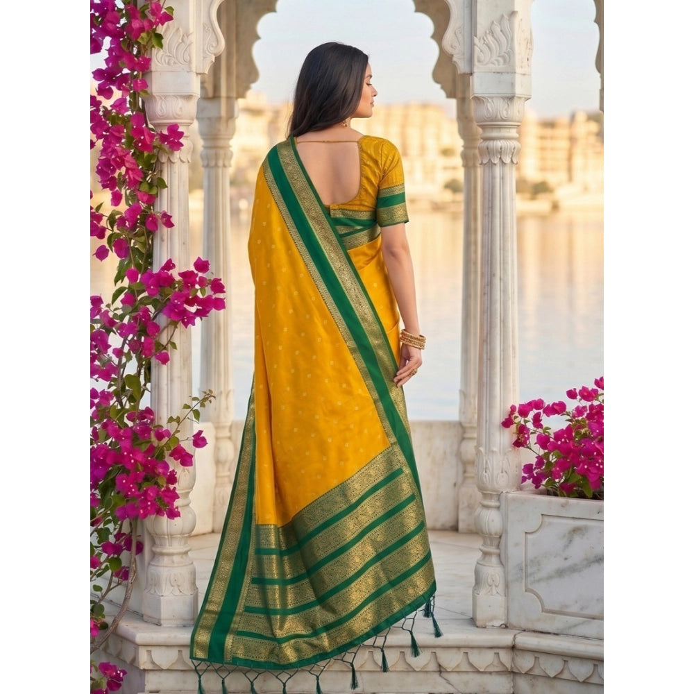 Generic Women's Silk Blend Printed Saree With Unstitched Blouse 5.5Mtr (Yellow-Green)