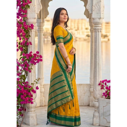 Generic Women's Silk Blend Printed Saree With Unstitched Blouse 5.5Mtr (Yellow-Green)