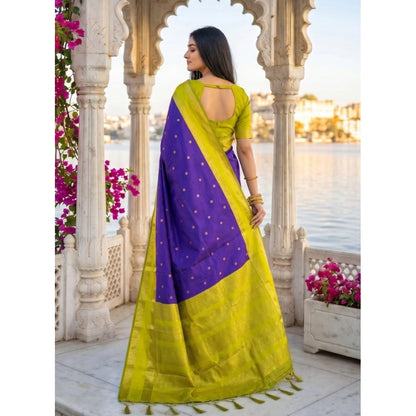 Generic Women's Silk Blend Printed Saree With Unstitched Blouse 5.5Mtr (Purple-Green)