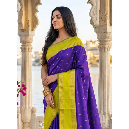Generic Women's Silk Blend Printed Saree With Unstitched Blouse 5.5Mtr (Purple-Green)