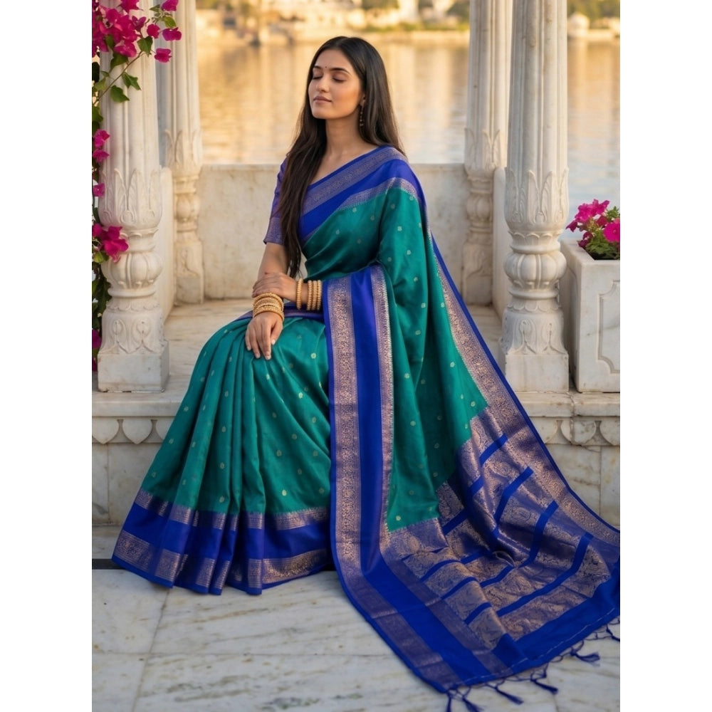 Generic Women's Silk Blend Printed Saree With Unstitched Blouse 5.5Mtr (Teal-Blue)