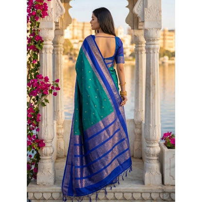 Generic Women's Silk Blend Printed Saree With Unstitched Blouse 5.5Mtr (Teal-Blue)