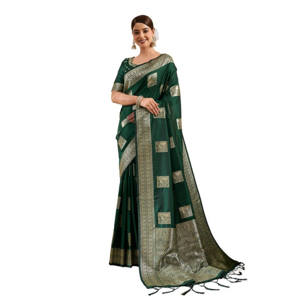 Generic Women's Silk Blend Printed Saree With Unstitched Blouse 5.5Mtr (Dark Green)