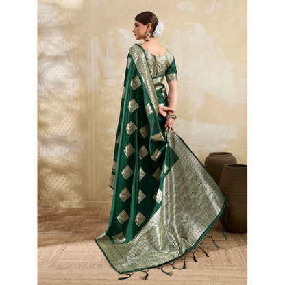 Generic Women's Silk Blend Printed Saree With Unstitched Blouse 5.5Mtr (Dark Green)