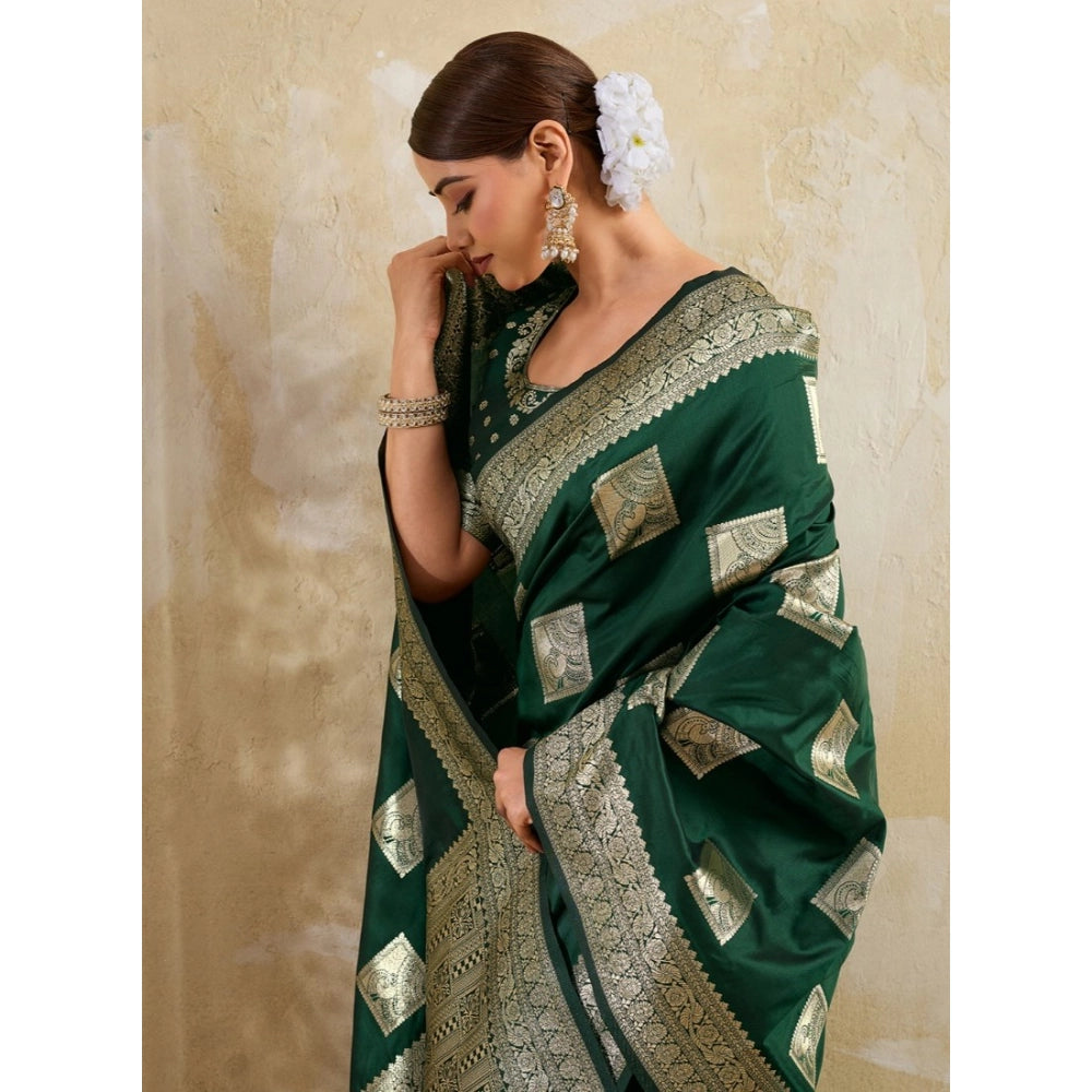 Generic Women's Silk Blend Printed Saree With Unstitched Blouse 5.5Mtr (Dark Green)