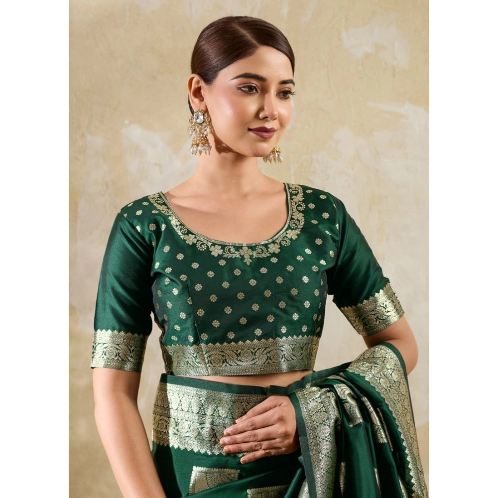 Generic Women's Silk Blend Printed Saree With Unstitched Blouse 5.5Mtr (Dark Green)