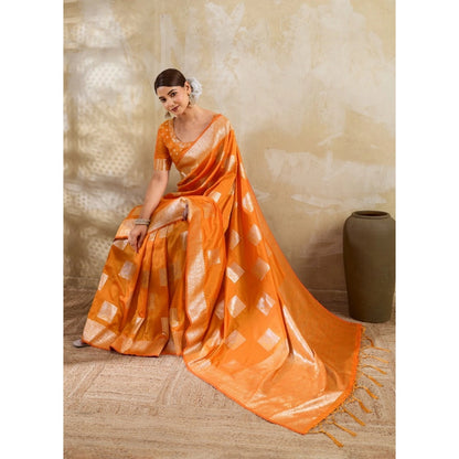 Generic Women's Silk Blend Printed Saree With Unstitched Blouse 5.5Mtr (Orange)