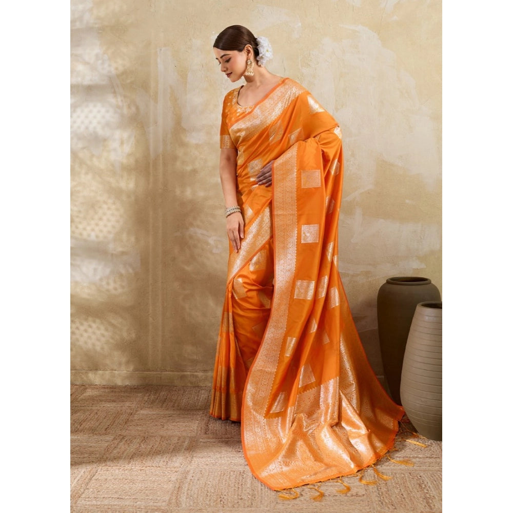 Generic Women's Silk Blend Printed Saree With Unstitched Blouse 5.5Mtr (Orange)