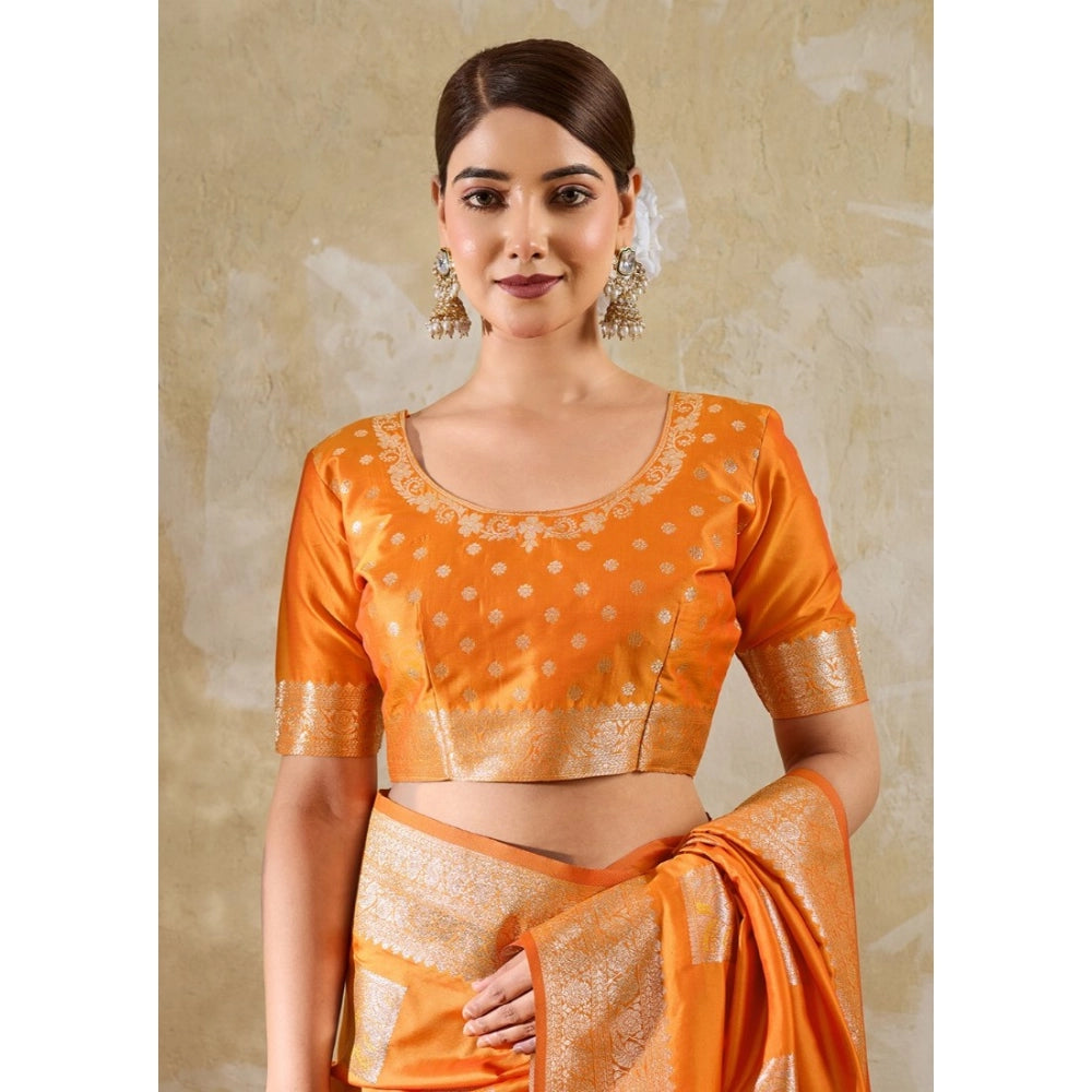 Generic Women's Silk Blend Printed Saree With Unstitched Blouse 5.5Mtr (Orange)